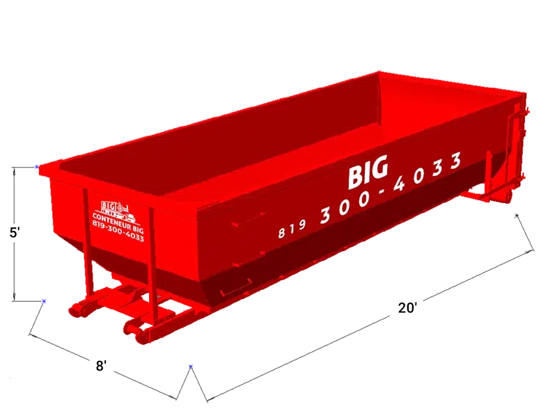 Conteneur de 20 verges idéal pour toitures, débris de construction et gros travaux.