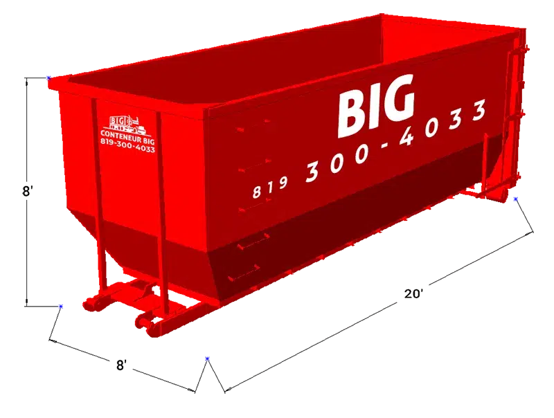 Conteneur de 40 verges de grande capacité pour démolition industrielle et rebuts volumineux.